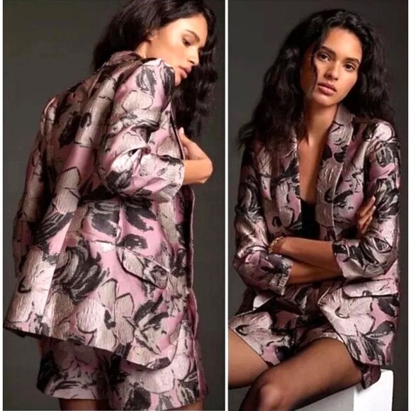 Anthropologie HUTCH Blazer Jacket Pink Floral 3/4 Sleeves Sz Small Shimmery Open - Picture 1 of 13